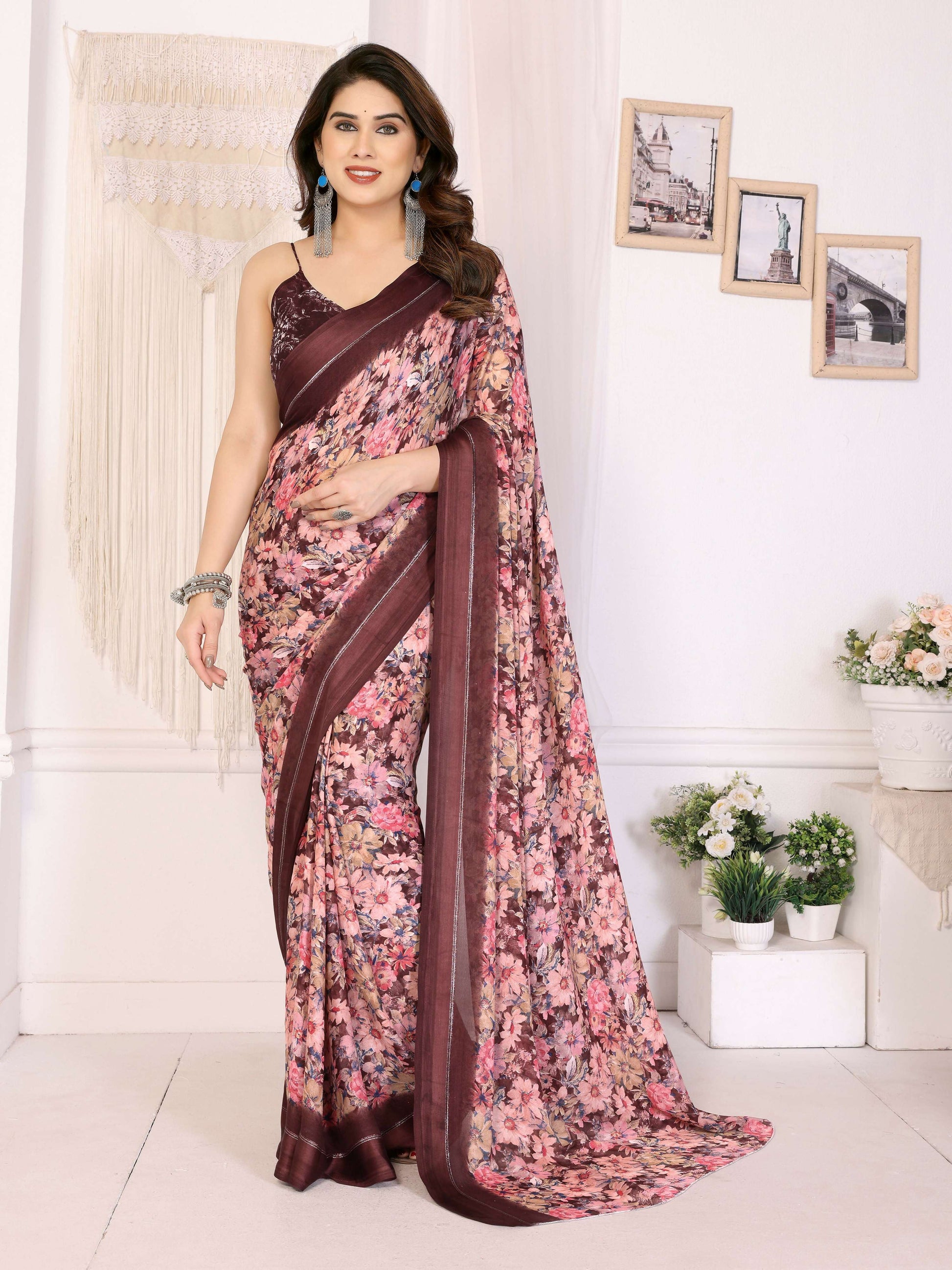 PR Fashion Maroon Bright Moss Satin Patta Printed Saree