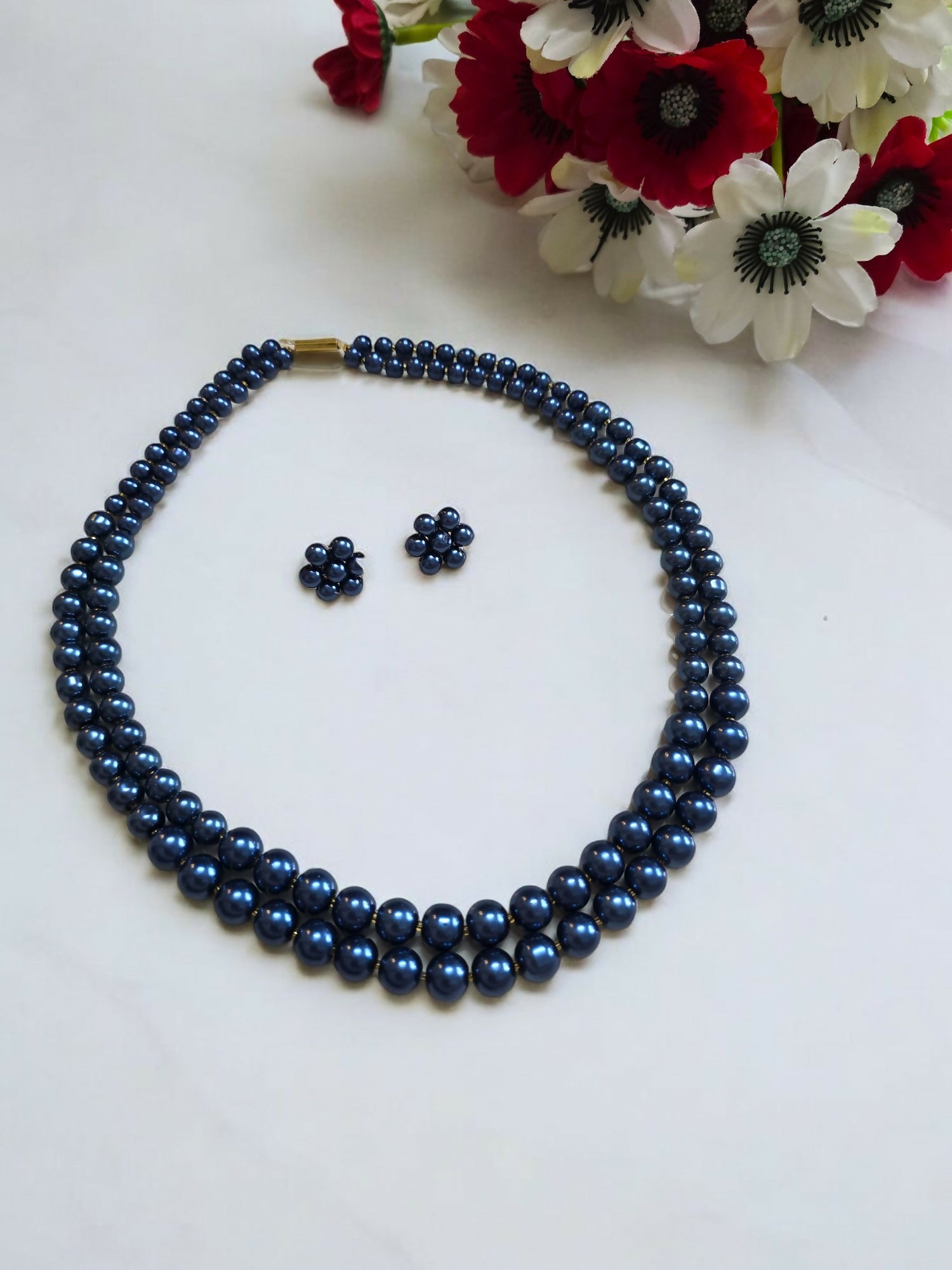 Inhanns Everyday Workwear Pearl Set (Double Layered Pearls) - Teelblue
