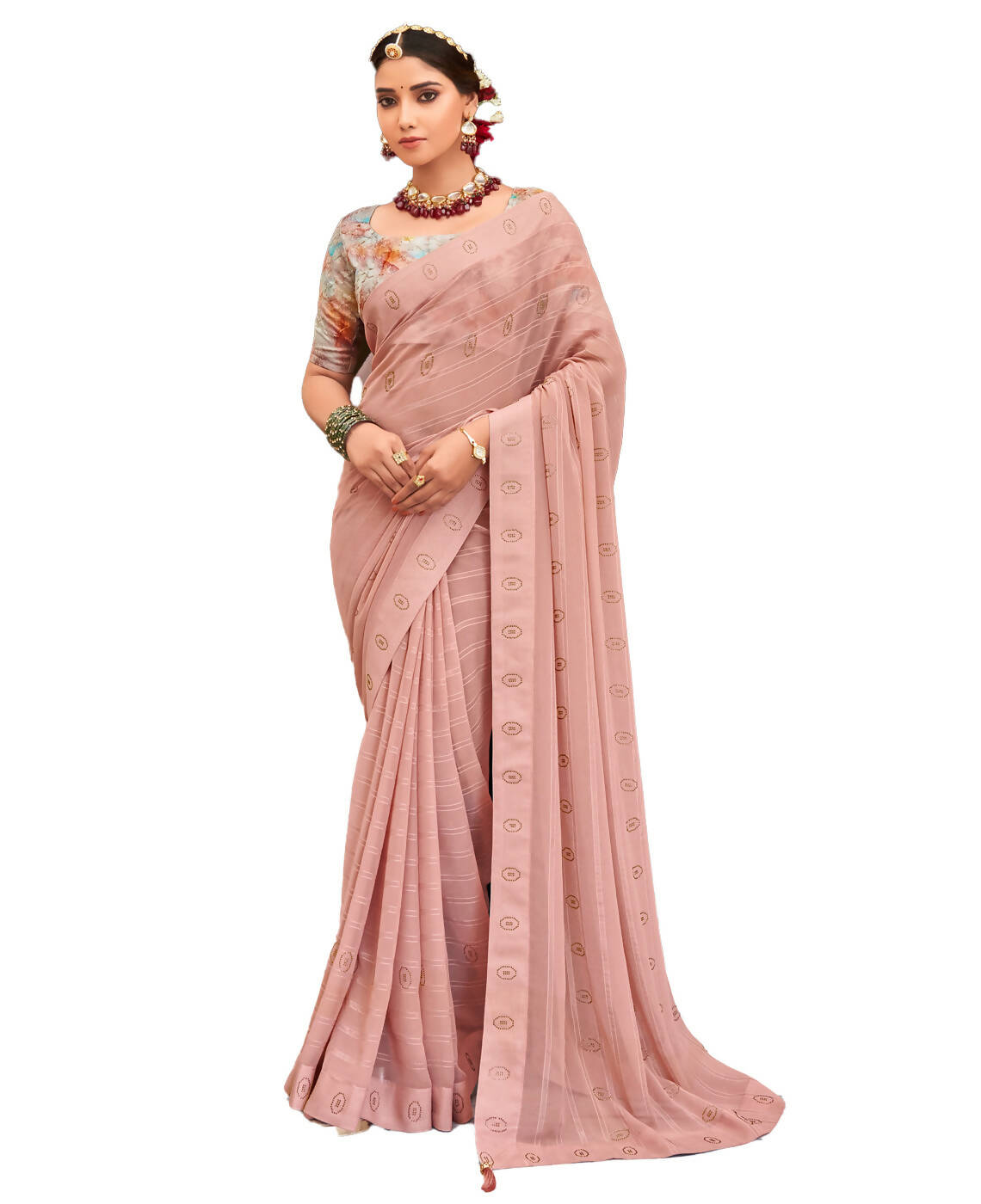 Peach Georgette Swaroski Work Saree With Unstitched Blouse Piece - Juhi