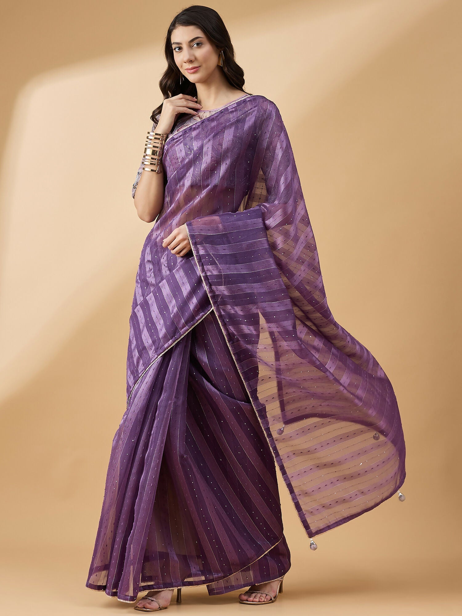 Purple Cotton Blend Sequence Work Saree with Stitched Blouse - Dharavi