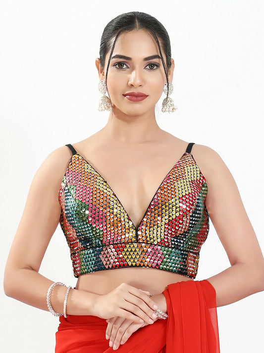 Joban Fashion Black Multi Sequin Padded Blouse With V Neck Sleeveless