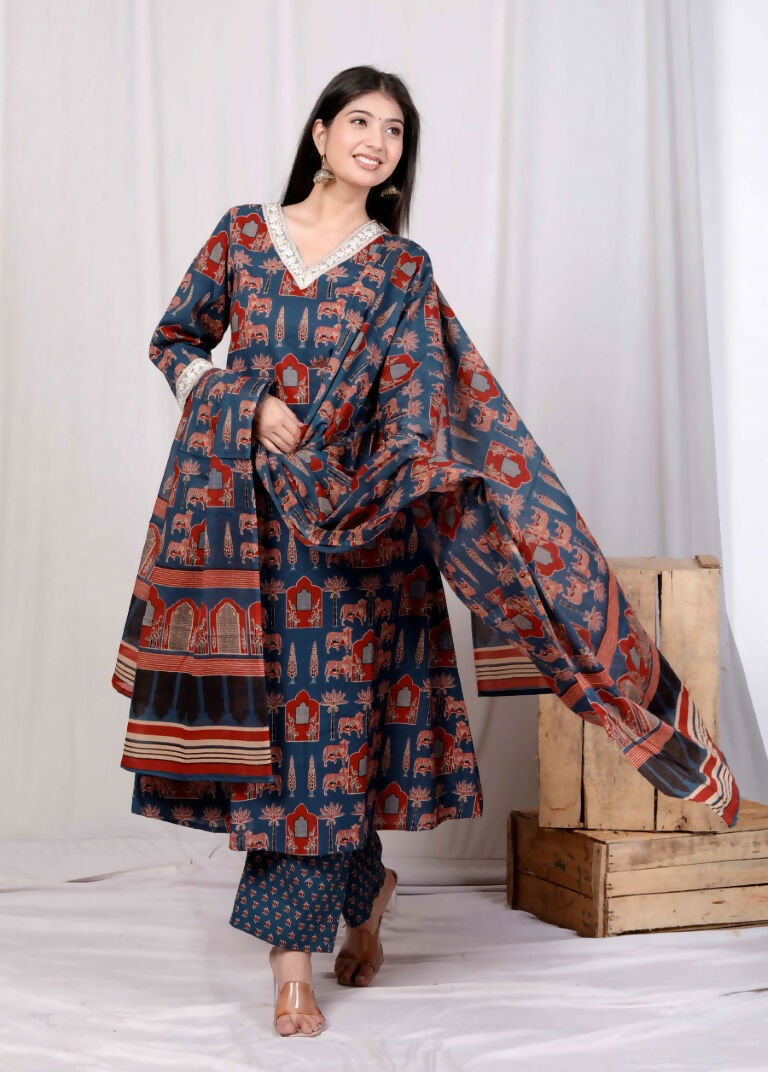 Miravan Women's Pure Cotton Animal Printed Zari Lace Work Blue Jaipuriya Anarkali Suit Set