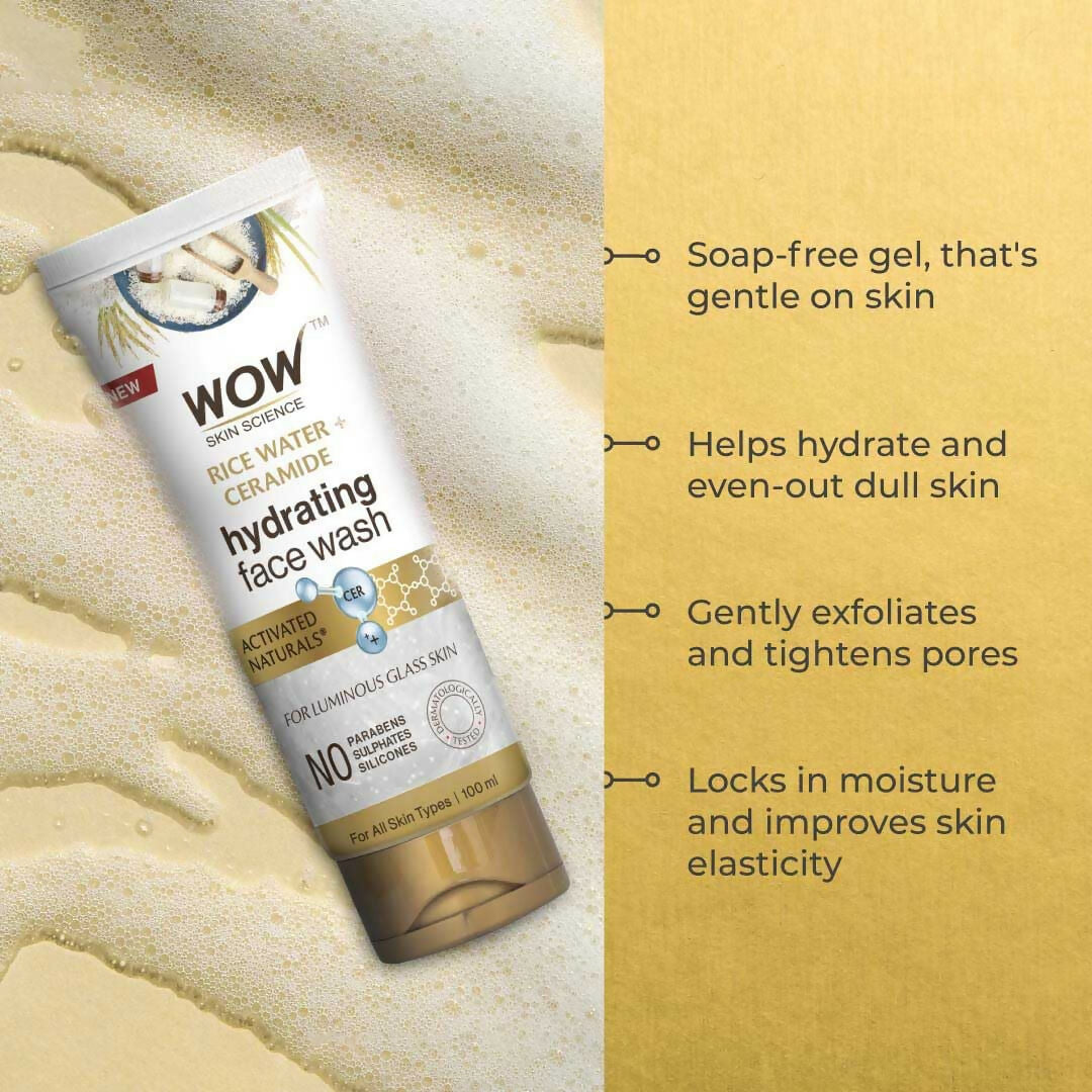 WOW Skin Science Rice Water & Ceramide Hydrating Face Wash, Brightens Skin, Tightens Pores 