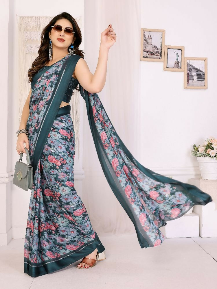 PR Fashion Morpich Bright Moss Satin Patta Printed Saree