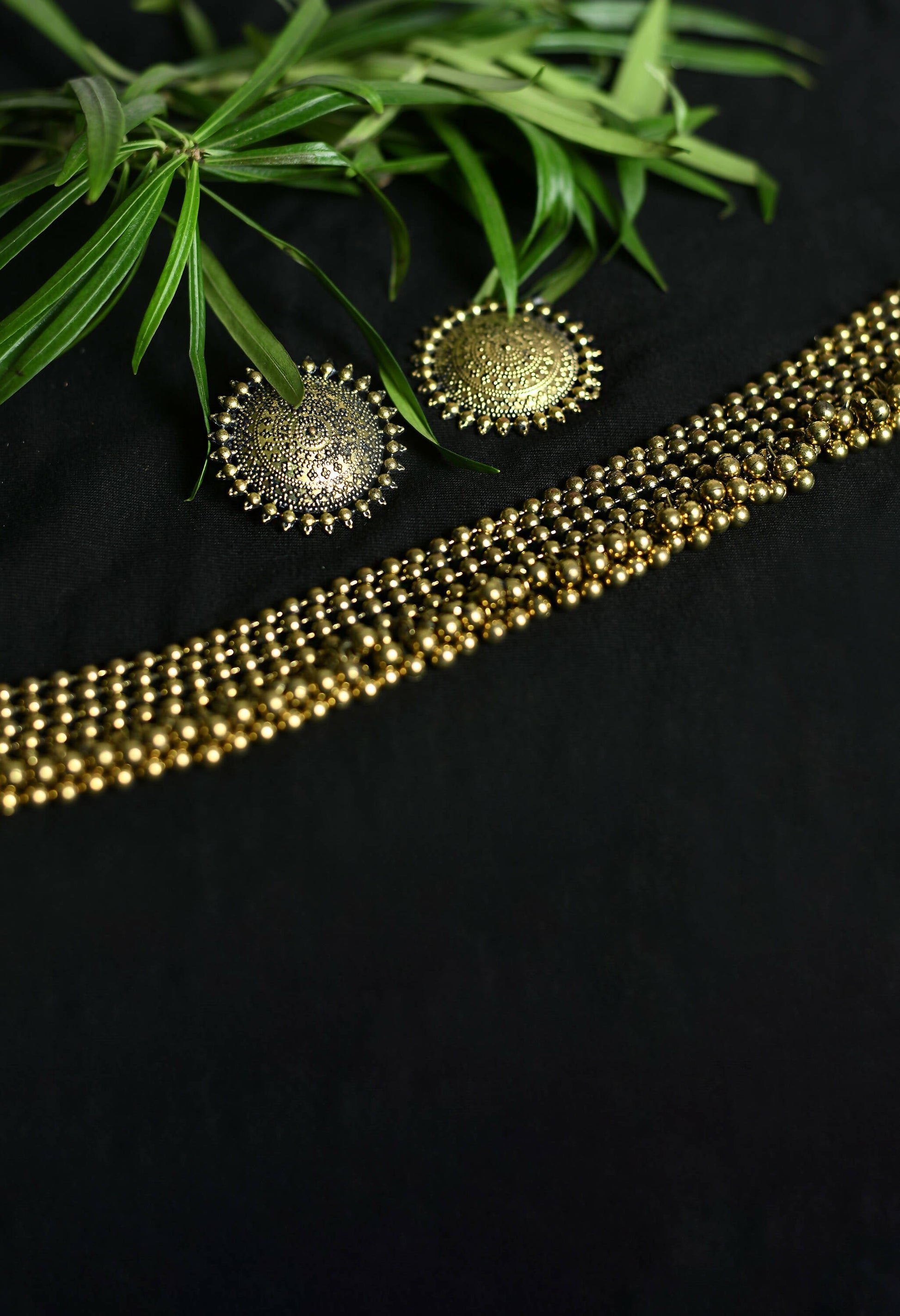 Mominos Fashion Johar Kamal Oxidised Gold-Plated Brass Finish Ghungroo Design Choker Set - Grab2buy