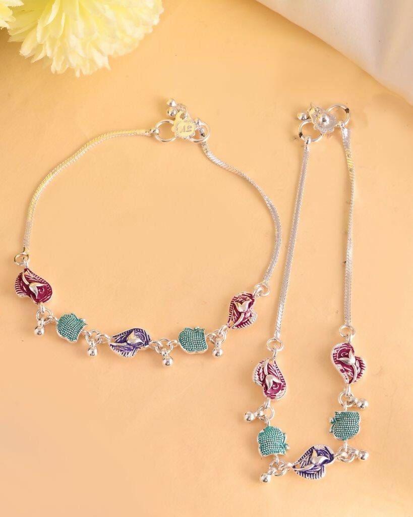 VOJ Set of 2 Silver Plated Designer Multi Color Anklet 