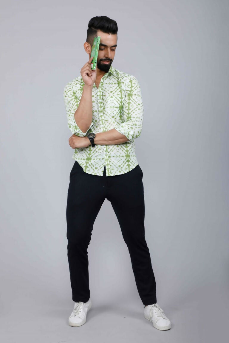 Miravan Men's Premium Green and White Slim Fit Tie Dye Cotton Shirt 