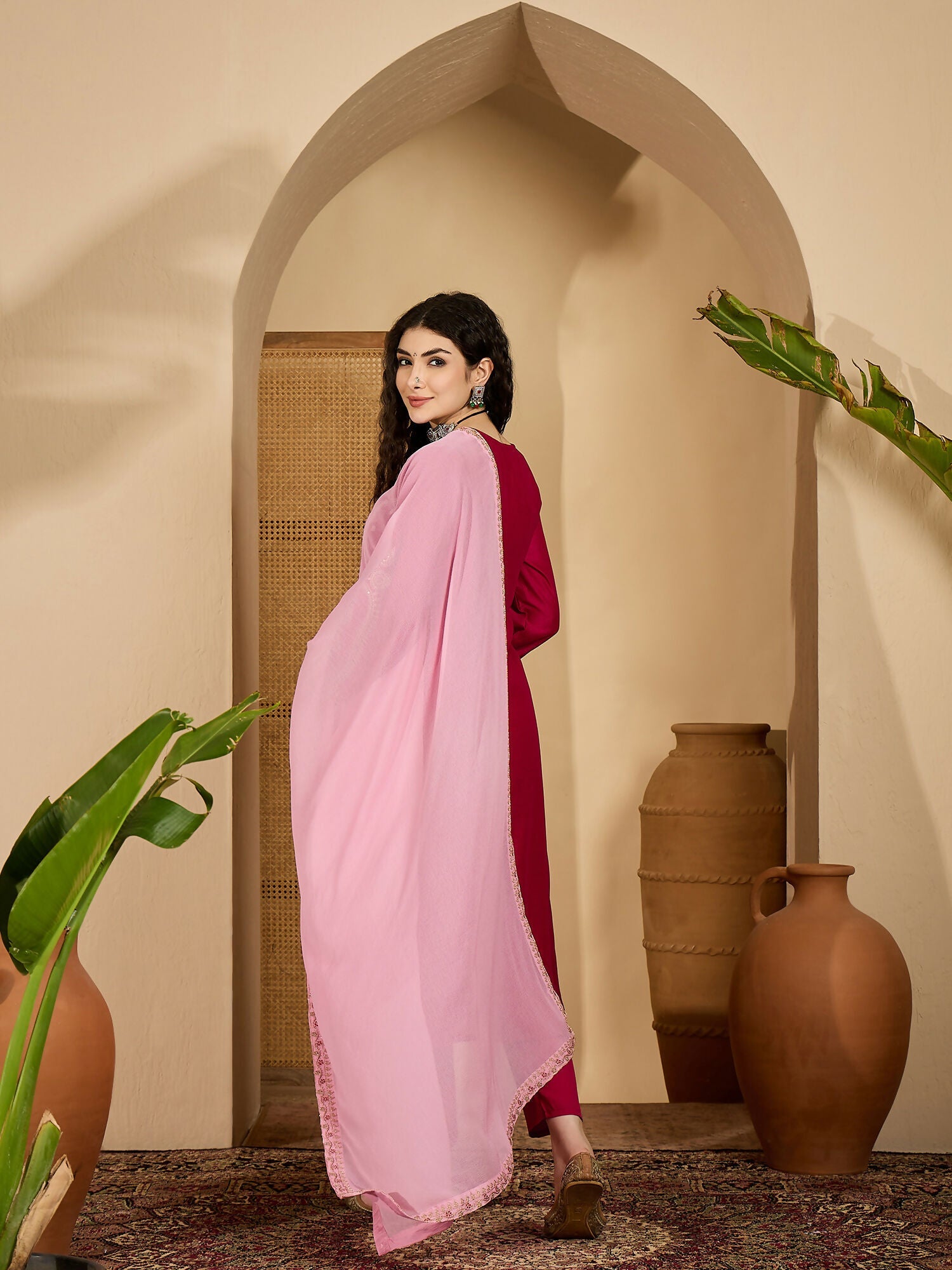 Joban Fashion Embroidery Red Vichitra Silk Kurta Set