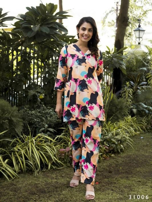 Casual Fashionable Multi Muslin Cotton co-ord set - Manya 