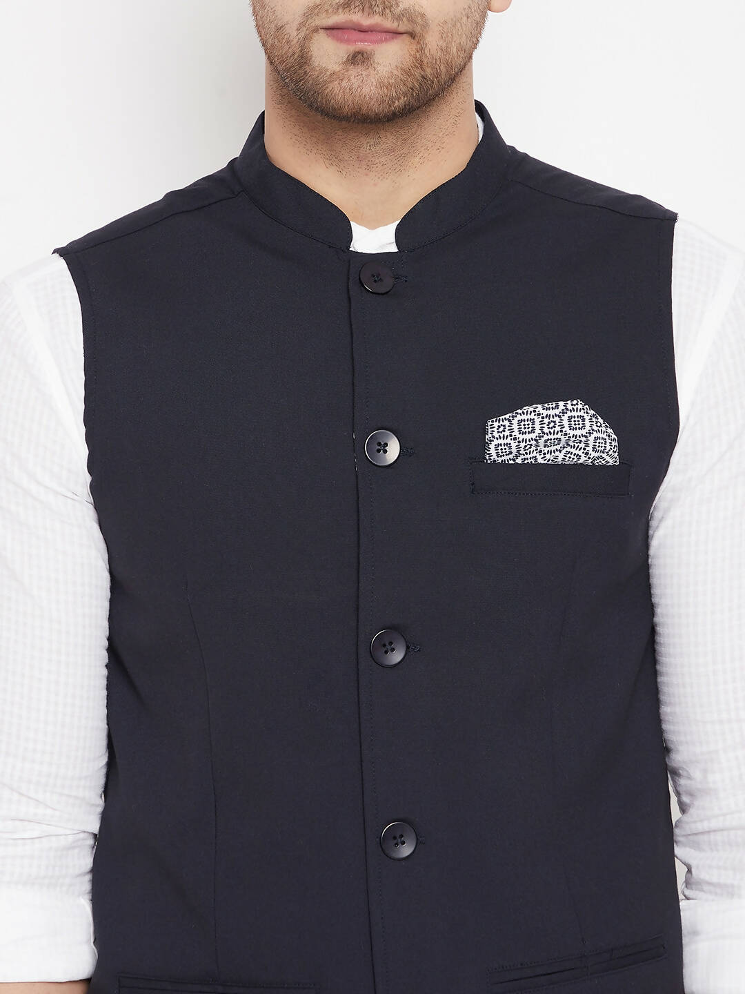 Even Apparels Navy Merino Men's Nehru Jacket-Contrast Lining-Inbuilt Pocket Square 