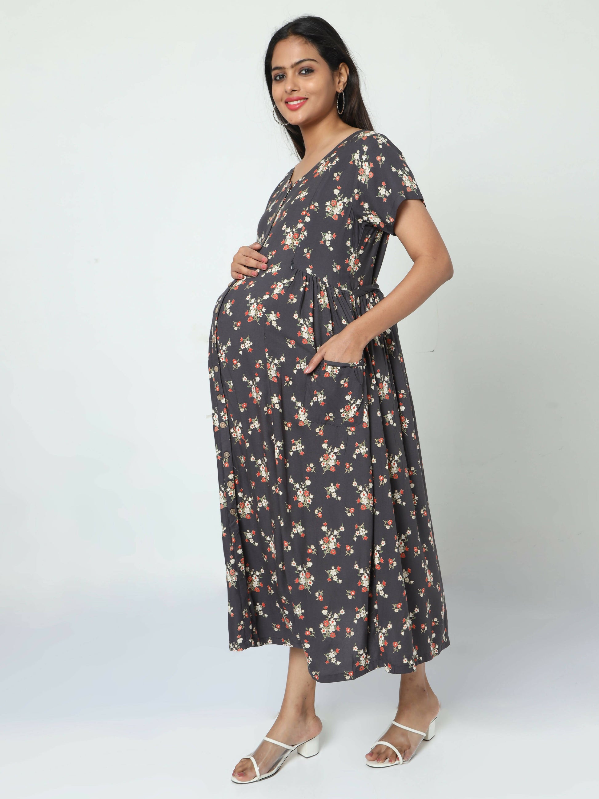 Manet Short Sleeves Maternity Dress Floral Print With Concealed Zipper Nursing Access - Navy Blue