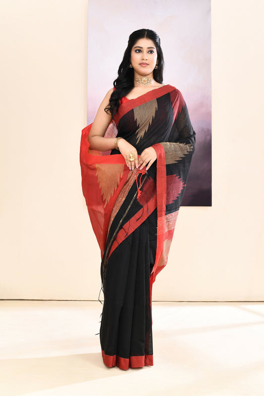 Piyari Fashion Women's Black Temple Border Embellished Cotton Blend Jamdani Saree