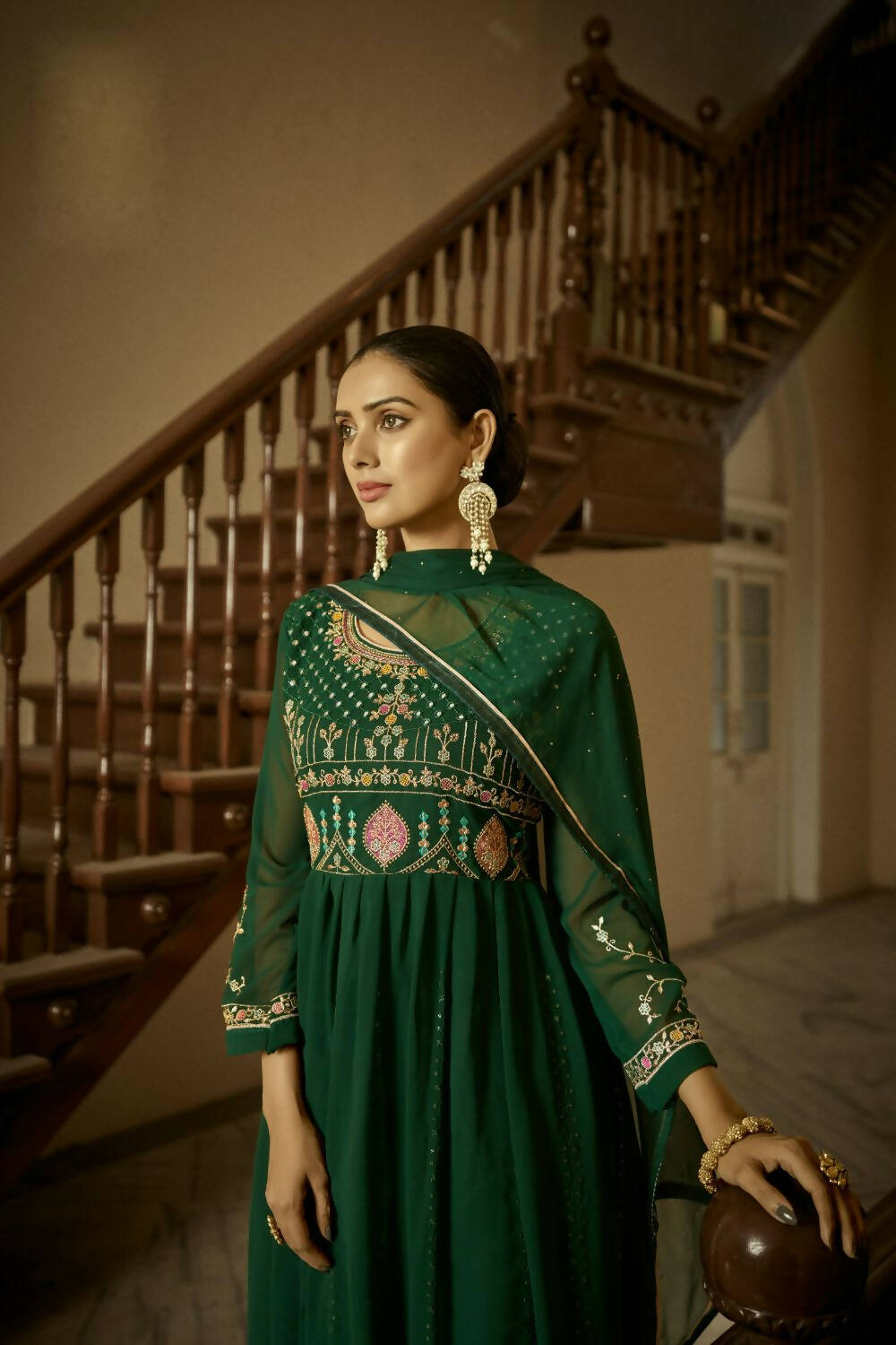 Green Heavy Faux Georgette Anarkali Embroidered Kurta Set - Dhvani
