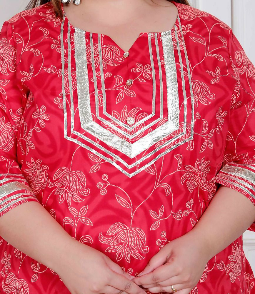 Miravan Plus Size Women'S Red Cotton Gota Work Kurta With Palazzo