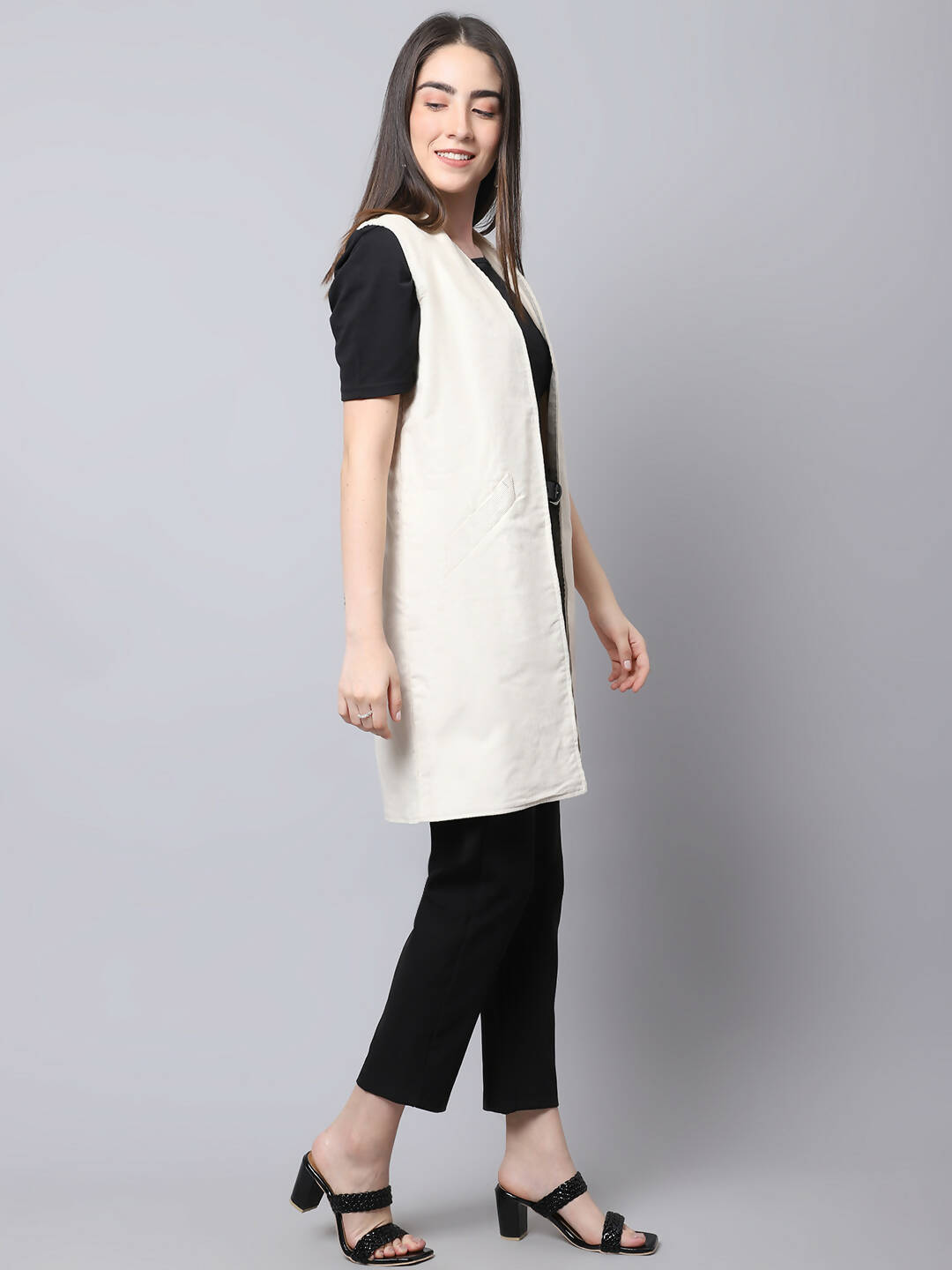 Even Apparels White Polywool Open Front Corduroy Women's Long Coat 