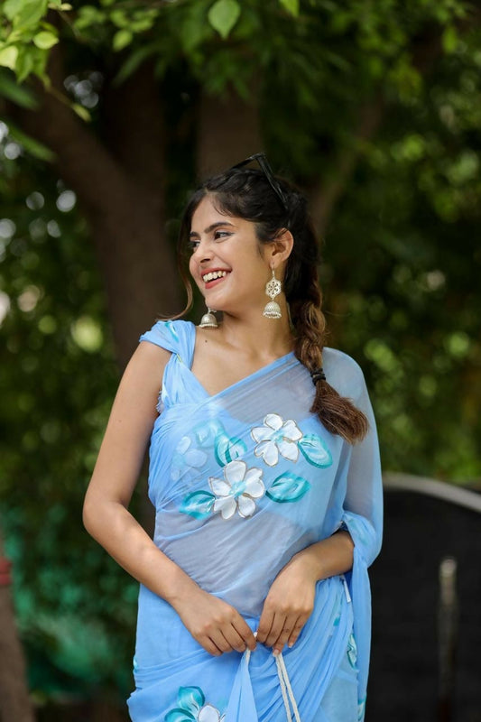 Exclusive Collection Beautiful Sky Cotton Hand Print Handloom Grab2Buy With Running Blouse Piece 
