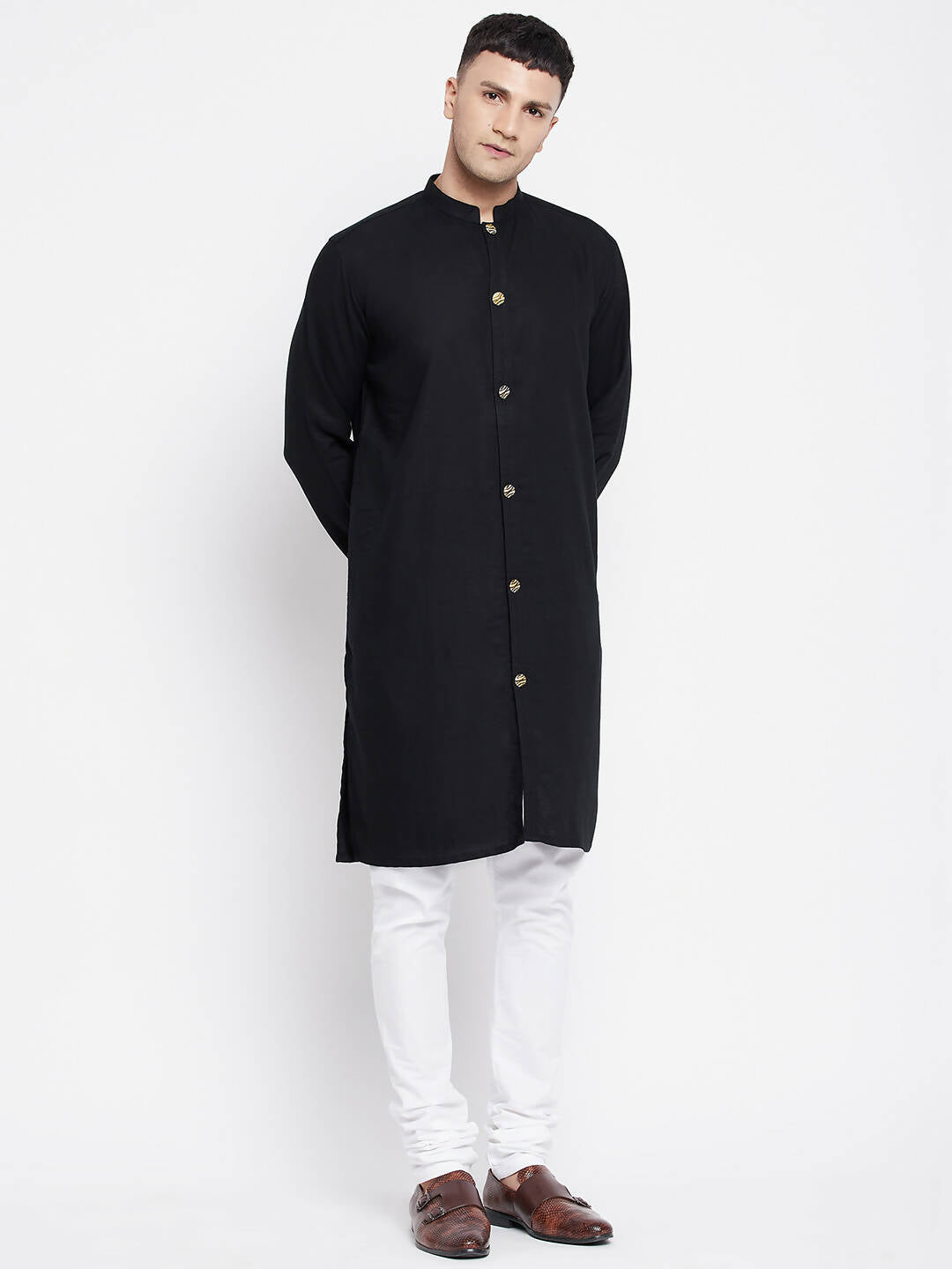 Even Apparels Black Pure Cotton Men's Sherwani Kurta With Open Front 