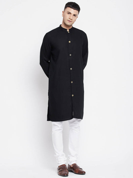 Even Apparels Black Pure Cotton Men's Sherwani Kurta With Open Front 