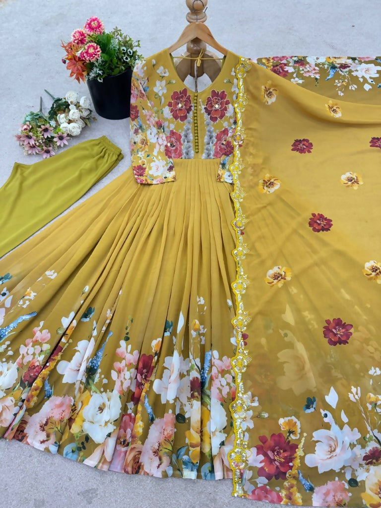 Teeya Creation Yellow Color Faux Georgette Printed Party Wear Gown
