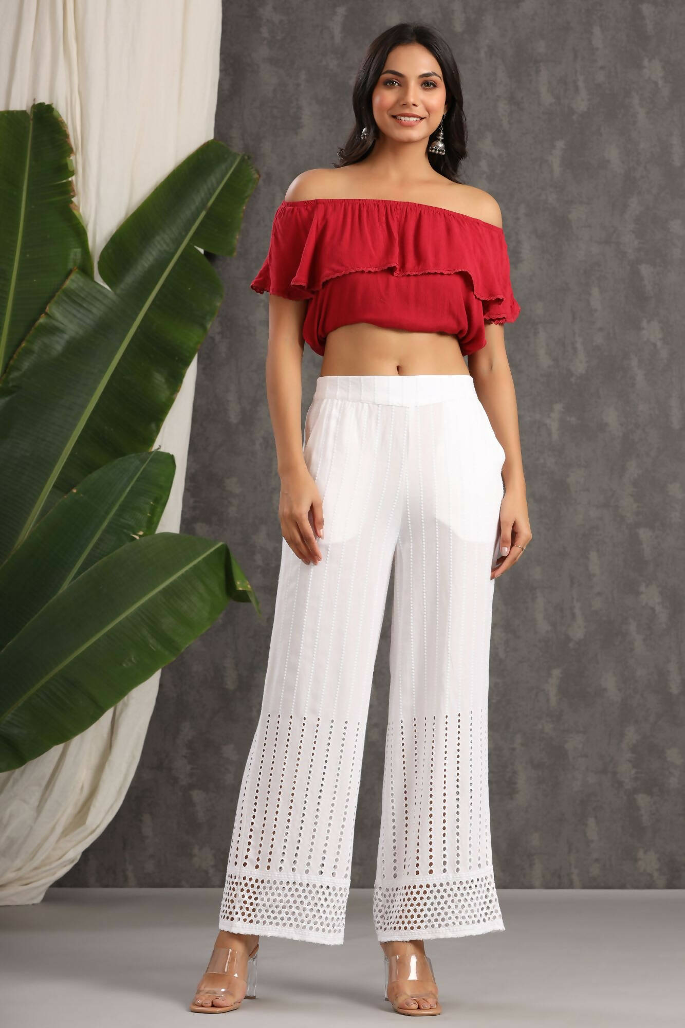 Juniper Women White Rayon Woven Design Flared Palazzo 
