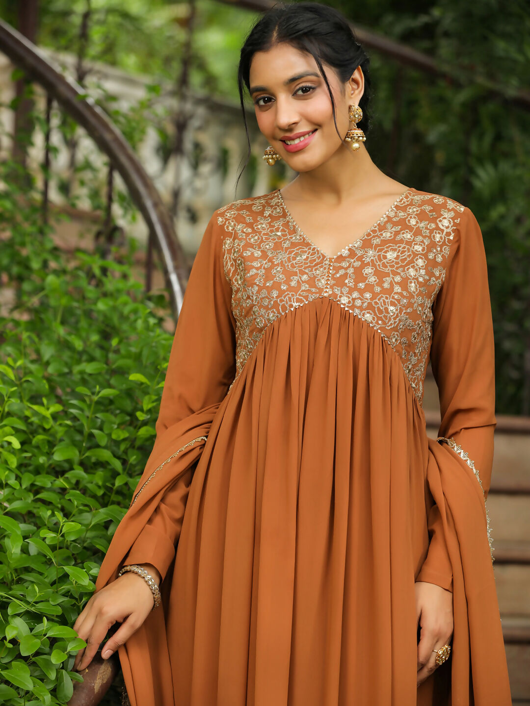Janasya Brown Georgette Yoke Embroidery Kurta,Bottom & Dupatta 