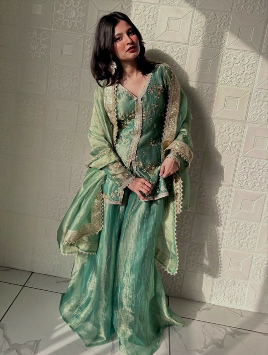 Teeya Creation Womens New Trendy Heavy Embroidery Work Kurta Palazzo Set - Green