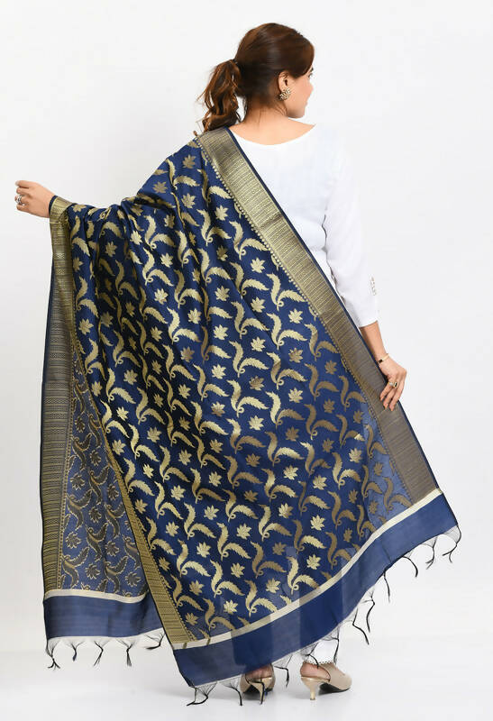 Mominos Fashion Moeza Women's Banarsi Silk Floral Woven Design Navy Blue Dupatta 