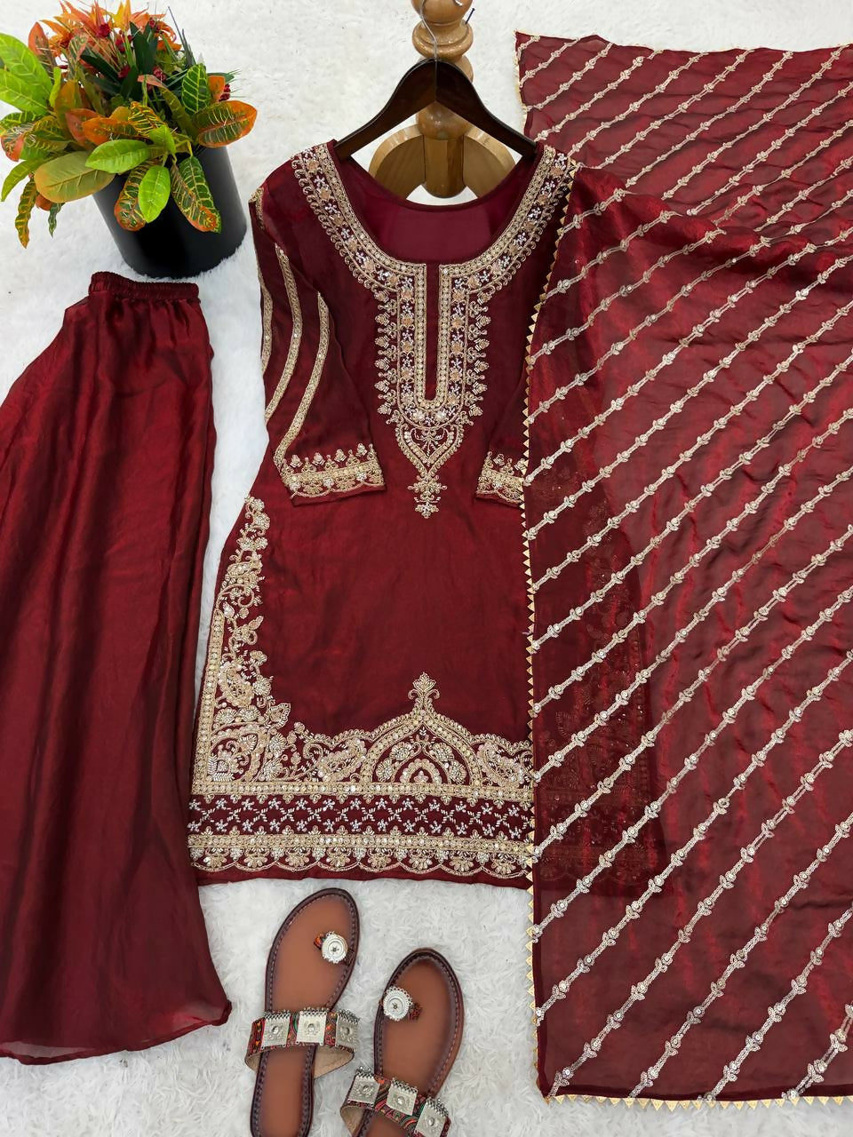 Teeya Creation Womens New Trendy Stylish Fancy Embroidery Beads Work Kurta Sharara Set For Wedding Wear - Red