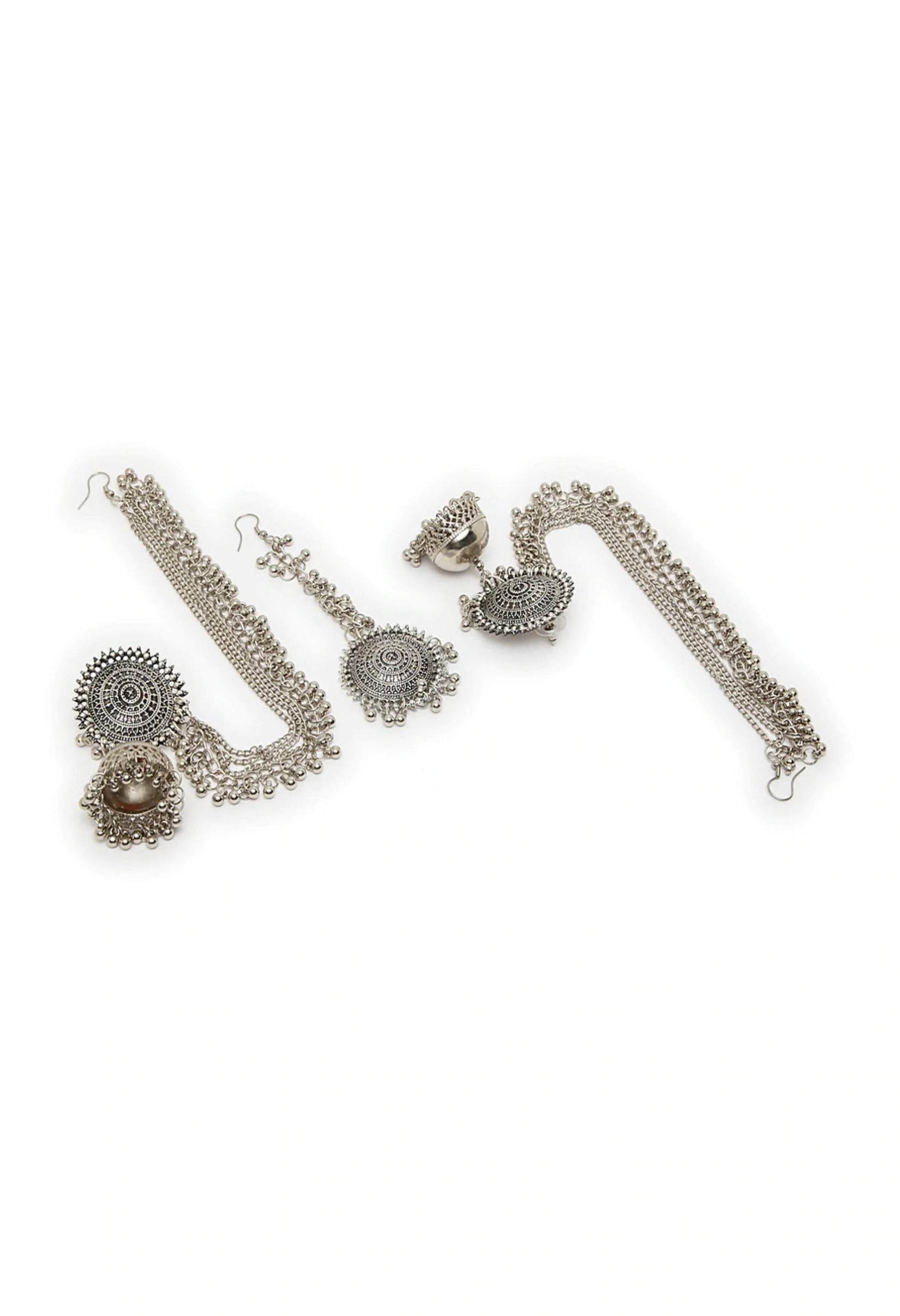 Mominos Fashion Johar Kamal Bahubali Silver Colour Earrings With Tikka - Grab2buy