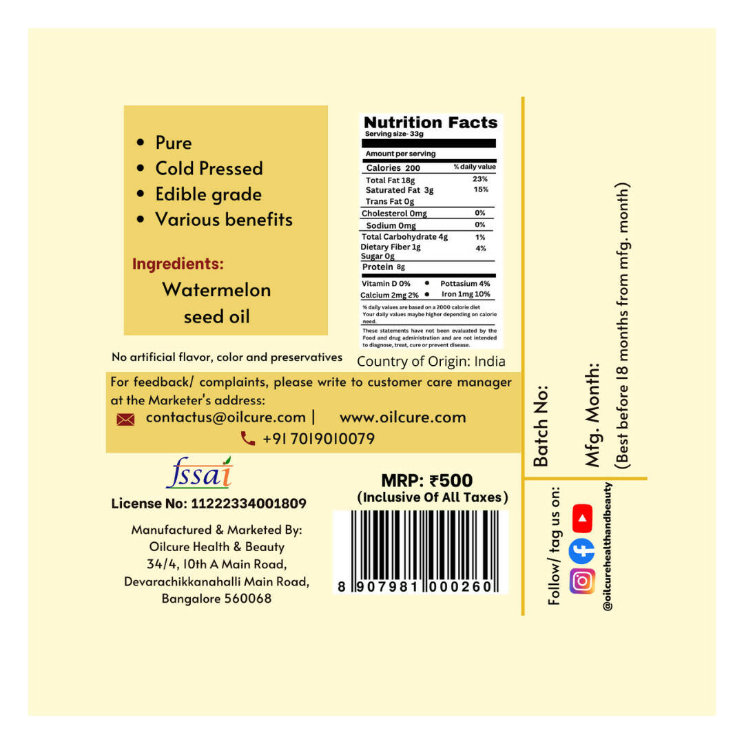 Oilcure Watermelon Seed Oil Cold Pressed 