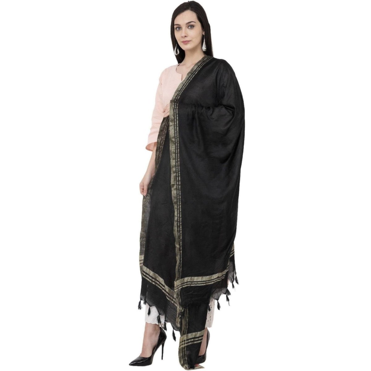 A R Silk Golden Border Regular Dupatta Color Black Dupatta or Chunni 