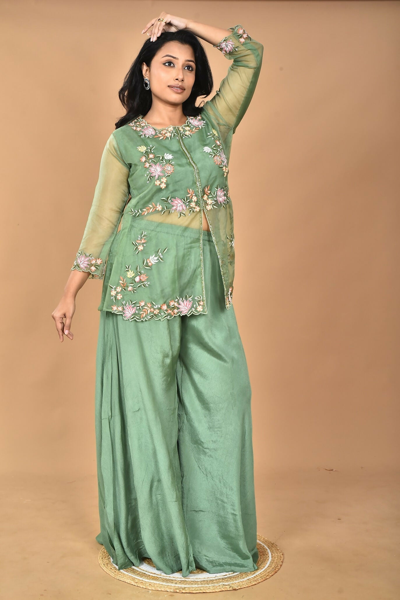 Morchari Women And Hand Embroidery Palazzo Set-Green 