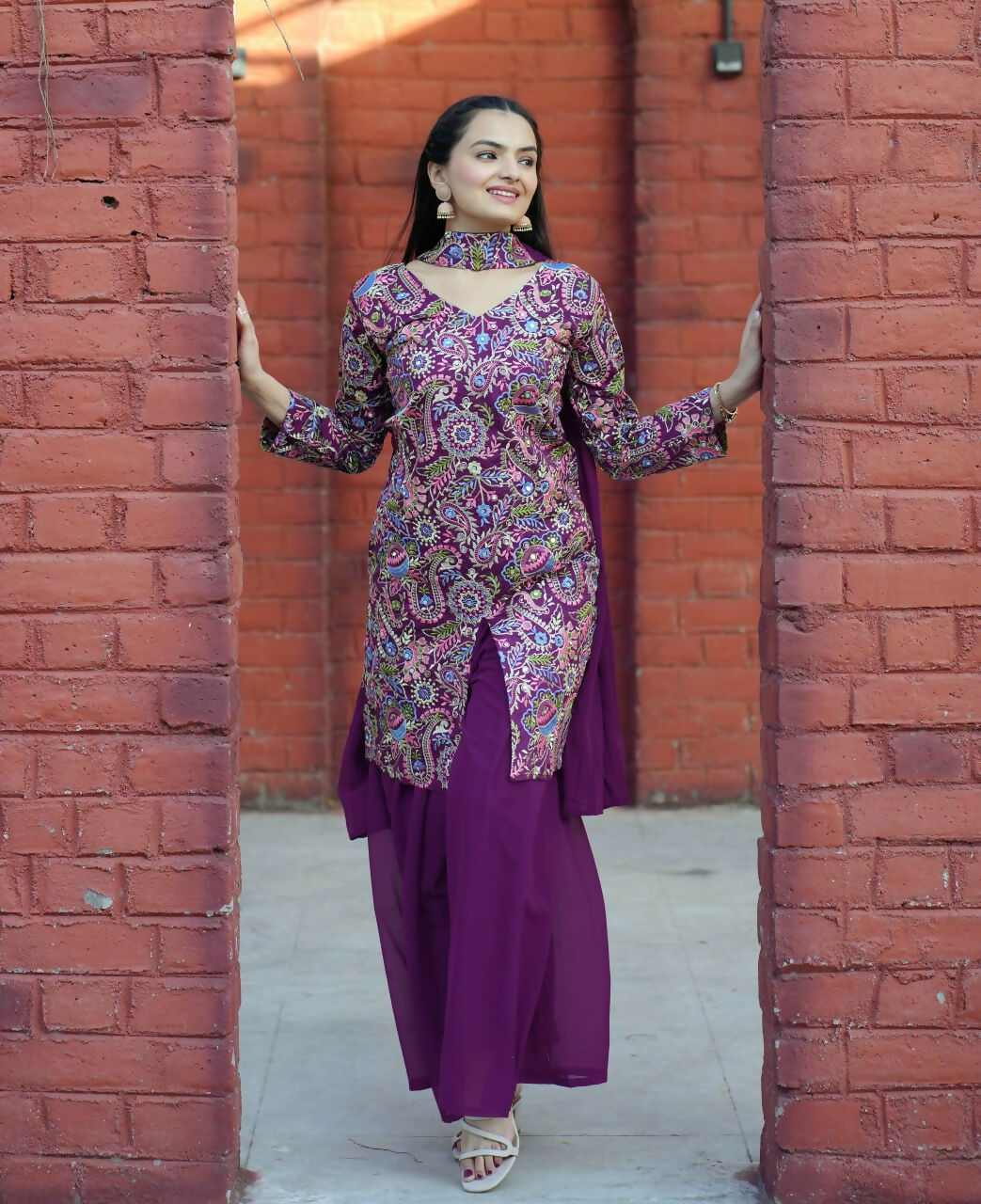 Joban Fashion Wine Silk Embroidered Sharara Set