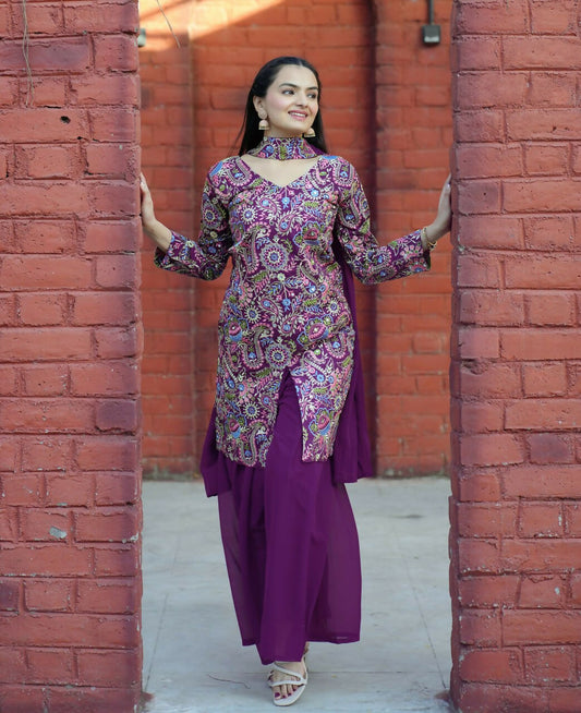Joban Fashion Wine Silk Embroidered Sharara Set