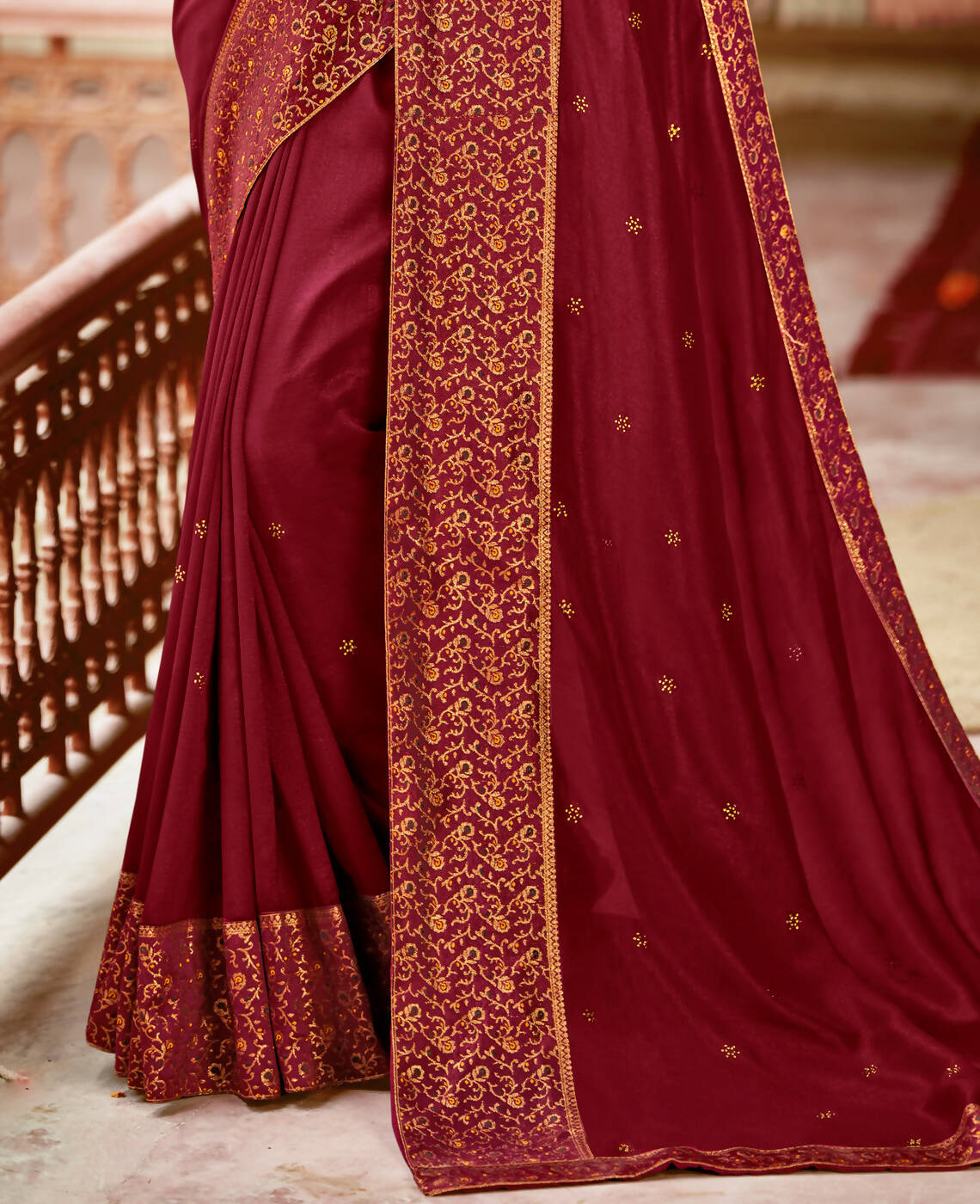 Maroon Vichitra Stone Work Saree With Unstitched Blouse Piece - Rosy
