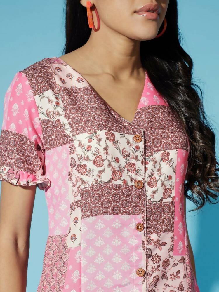 Myshka Women Multi Geometric Rayon A-Line V-Neck Dress