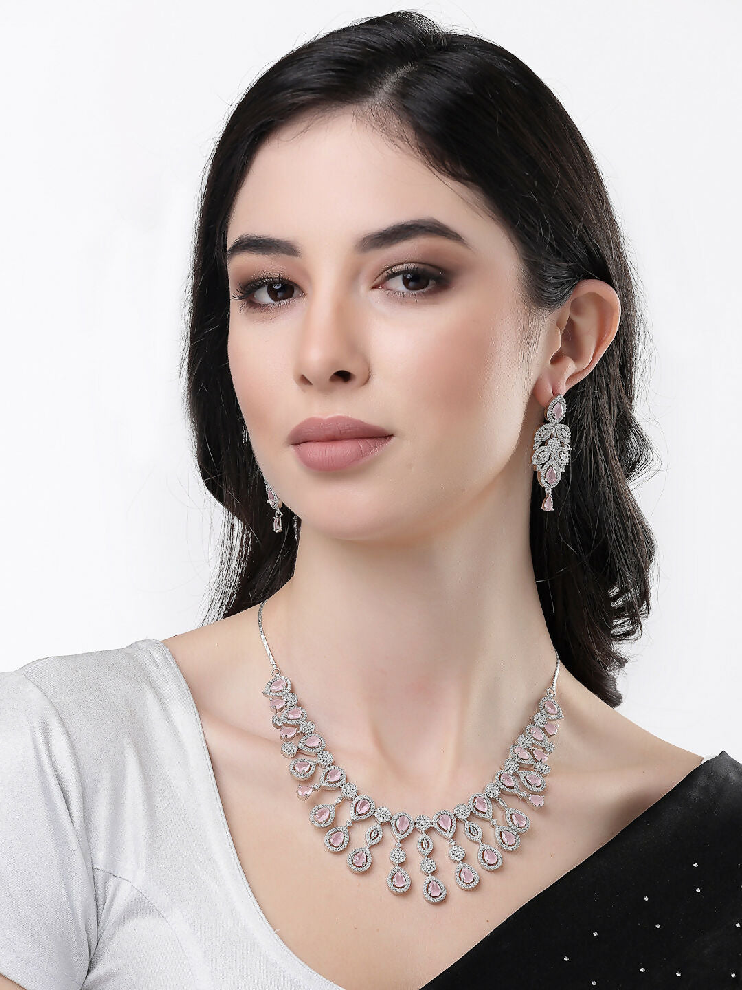 NVR Women's silver plated & Pink CZ stone handcrafted jewellery set - Grab2buy