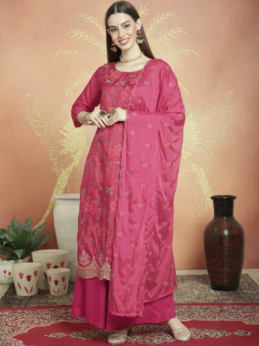 Aastha Fashion Women's Magenta Upada Silk Floral Resham Thread Kurta with Trouser & Dupatta - Grab2buy