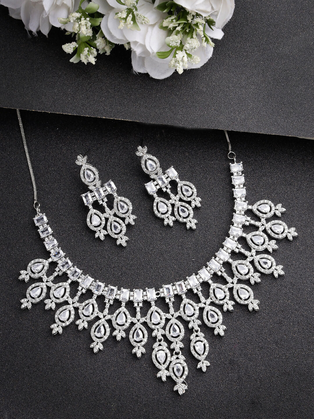 NVR Women's Silver-Plated Cubic Zirconia Studded Handcrafted Jewellery Set - Grab2buy