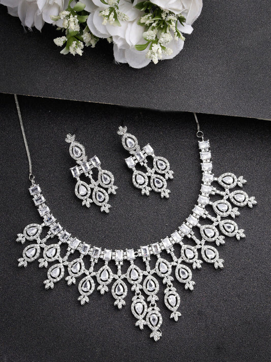 NVR Women's Silver-Plated Cubic Zirconia Studded Handcrafted Jewellery Set - Grab2buy