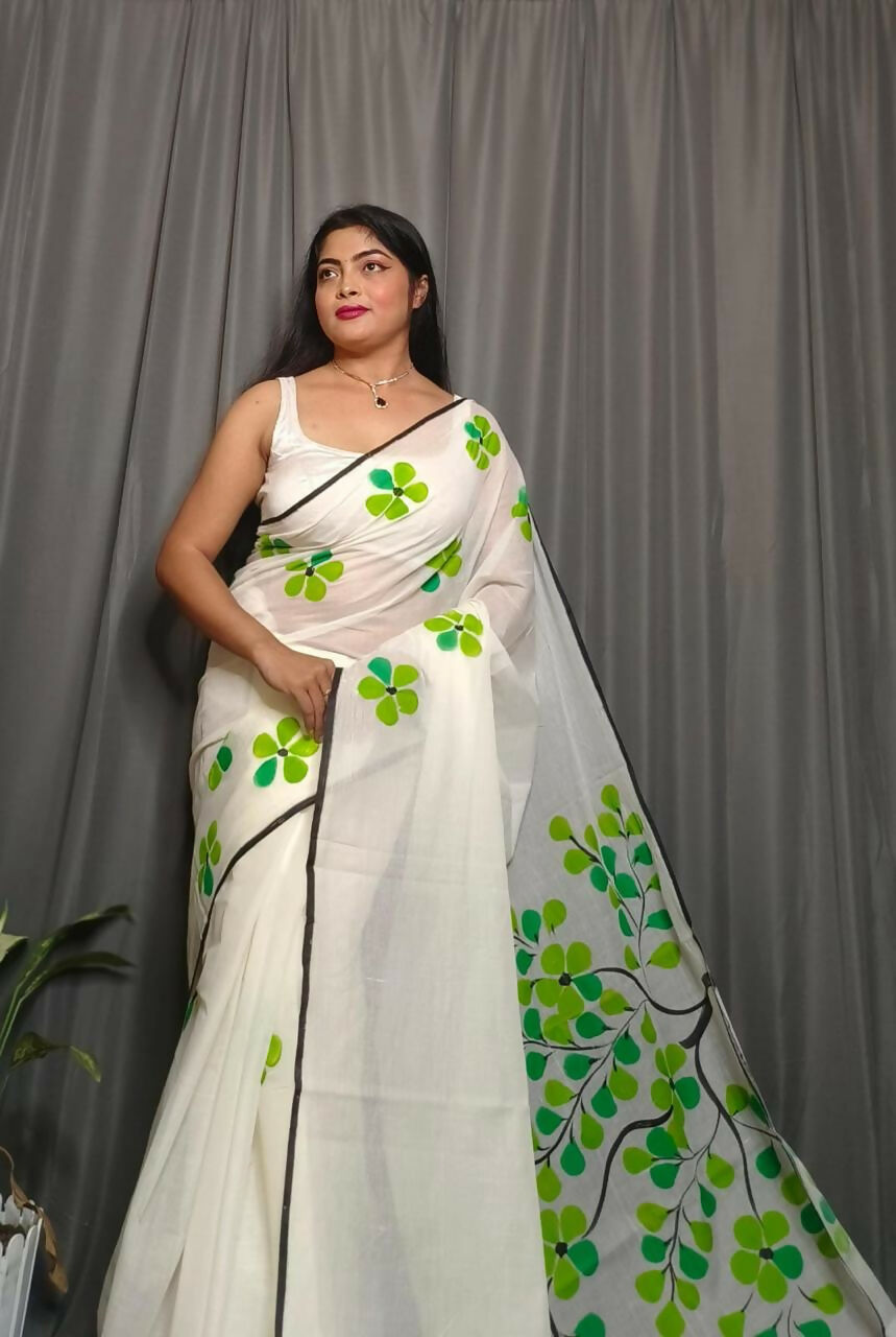 Exclusive Collection Beautiful White Light Green Pure Cotton Hand Print Handloom Grab2Buy With Running Blouse Piece 