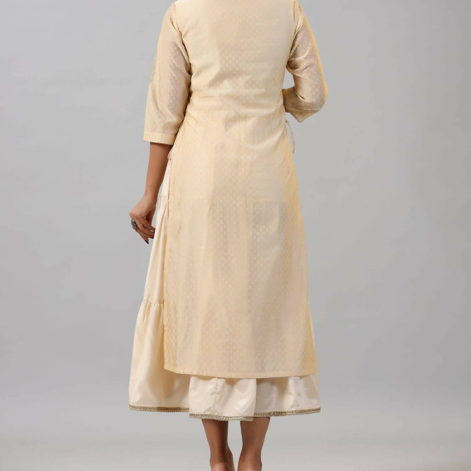 Juniper Women Gold Chanderi Printed Layered Maxi Dress with Embroidered Yoke