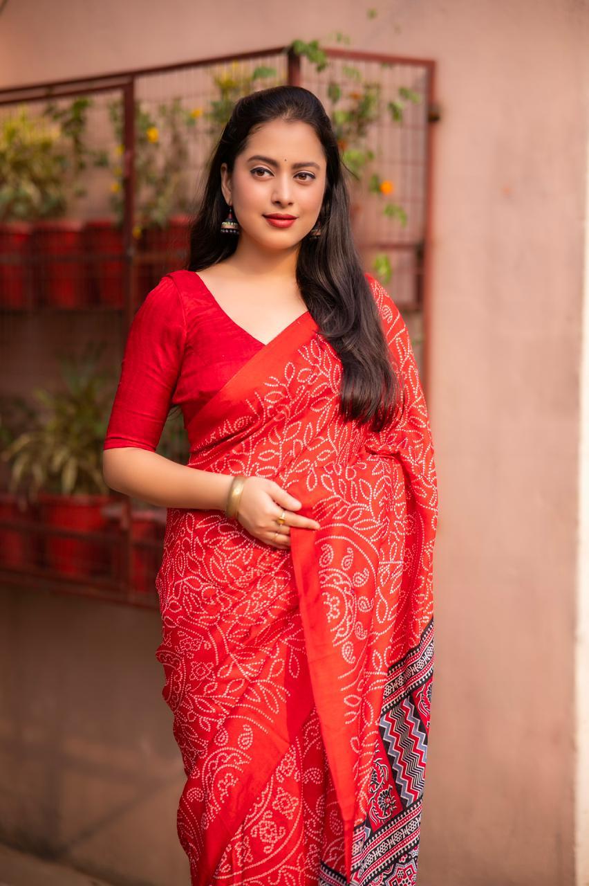 Red Silk Blend Ajrak Saree with Unstitched Blouse - A2M