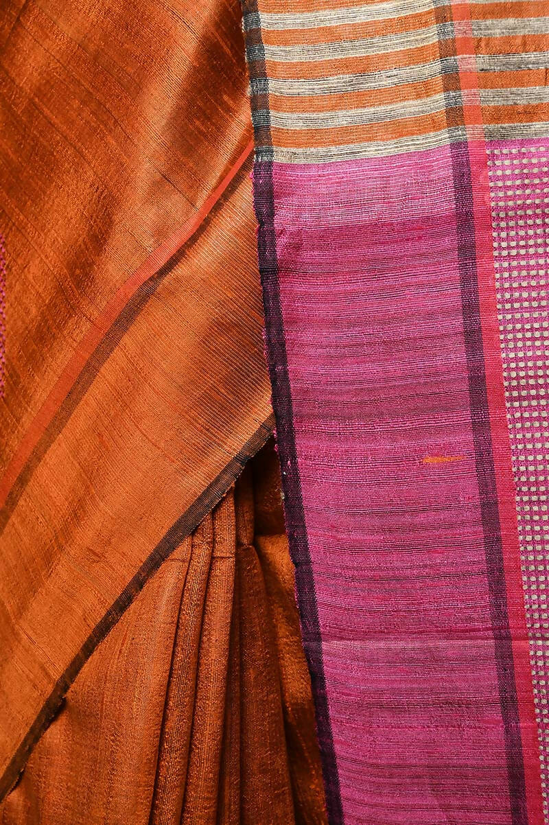 Very Much Indian Handwoven Raw Silk Dupion Grab2Buy - Orange With Pink Pallu 