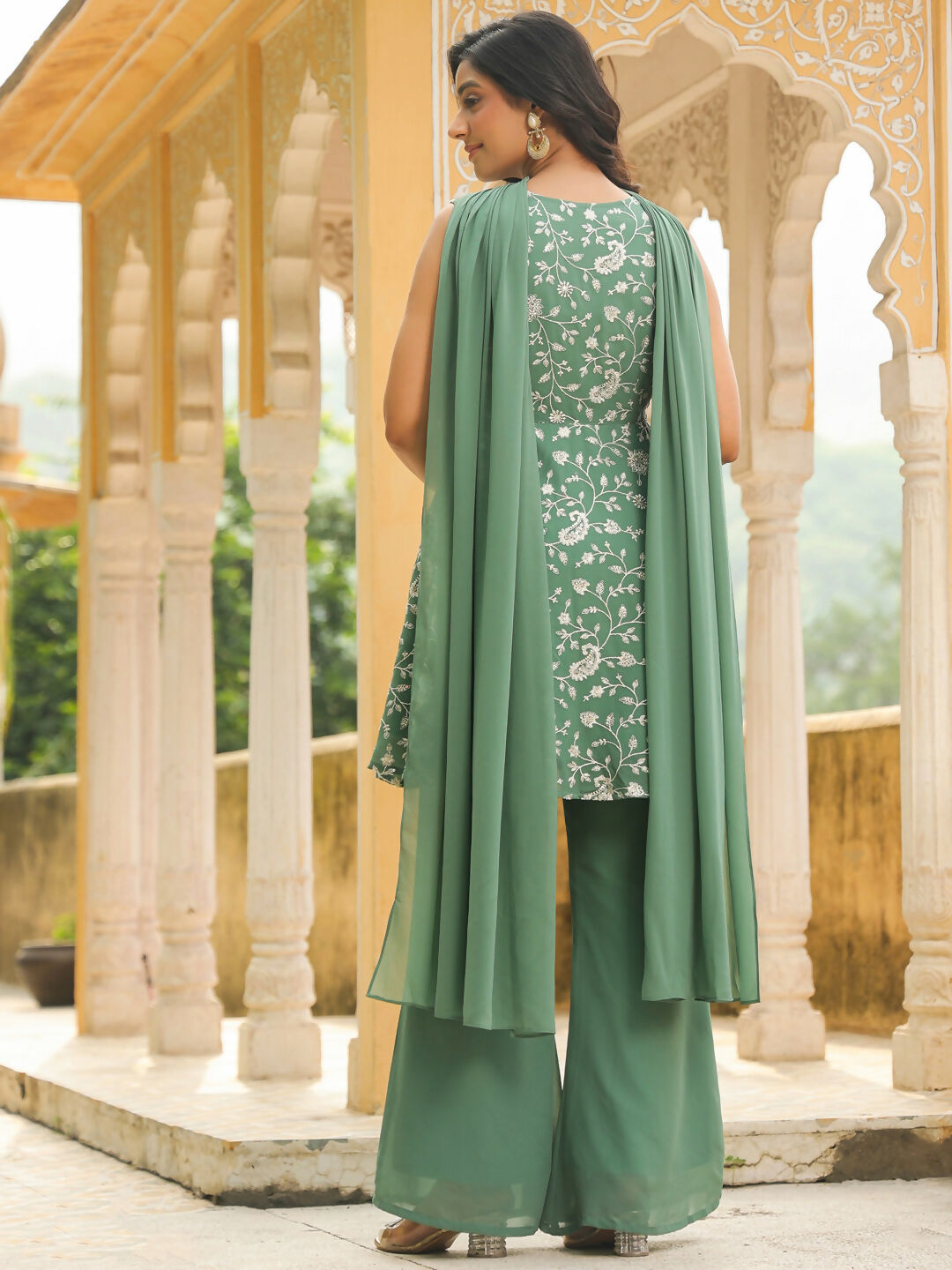 Janasya Sage Green Georgette Embroidered Kurta,Bottom & Dupatta 