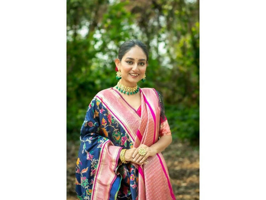 Aastha Fashion Women's Blue Banarasi Silk Meenakari Zari Woven Saree with Blouse - Grab2buy