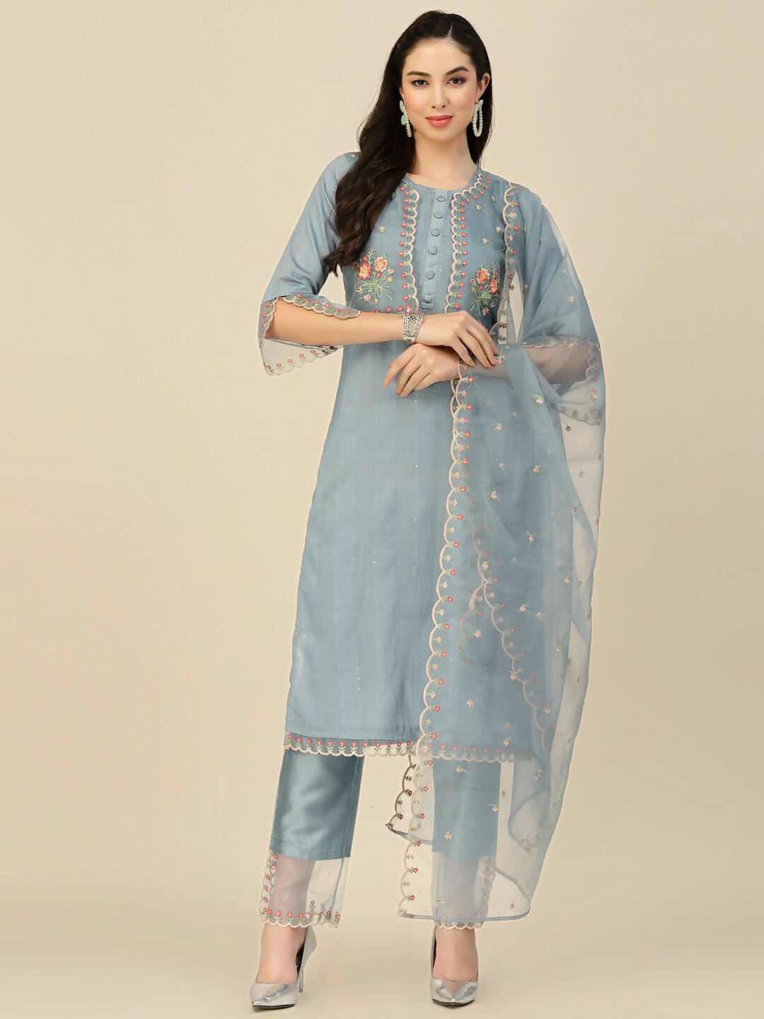 Sky Blue Embroidered Chinon Straight Kurta With Trouser & Dupatta - Salimar