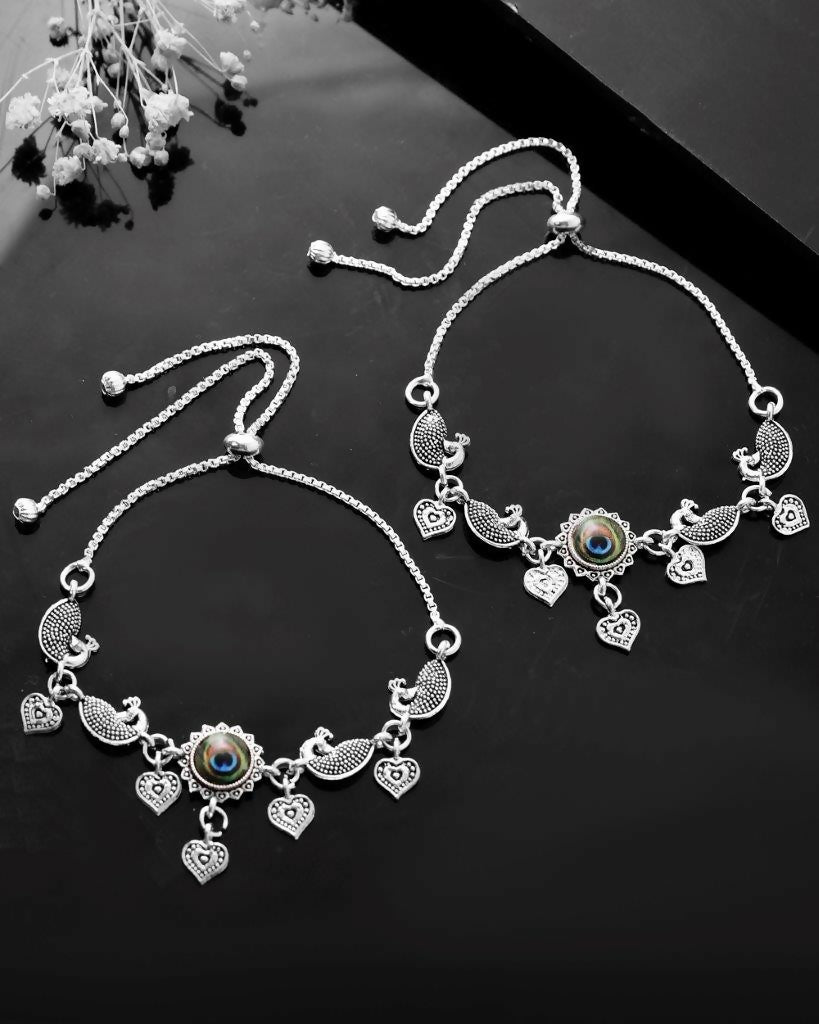 VOJ Set Of 2 Silver Plated Peacock Handcrafted Anklets 