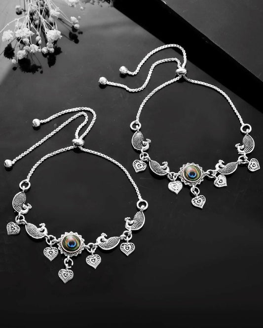 VOJ Set Of 2 Silver Plated Peacock Handcrafted Anklets 