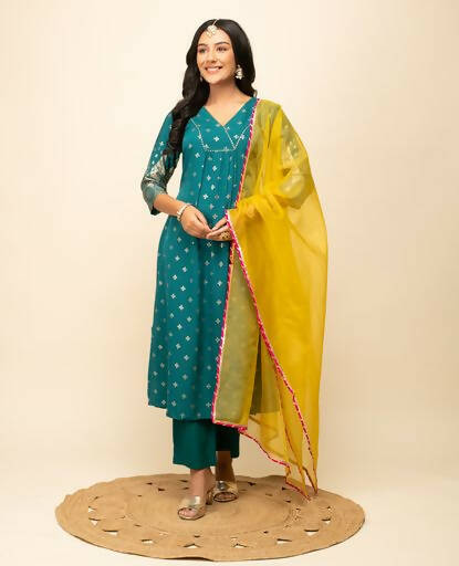 FIORRA Women's Teal Blue Crepe A-Line Kurta Pant with Dupatta 